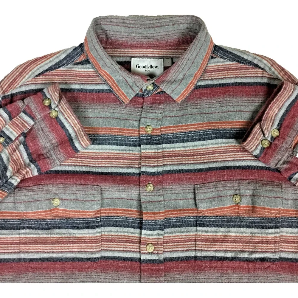 Goodfellow & Co Mens Large Gray Red Striped‎ Flannel Button Up Shirt 043160526